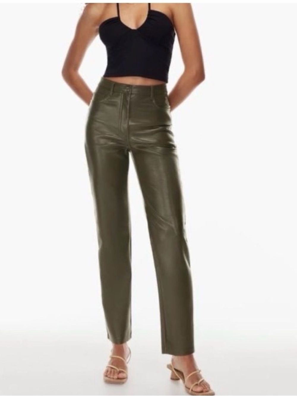 Aritzia Melina Olive Leather High-Rise Straight Jeans